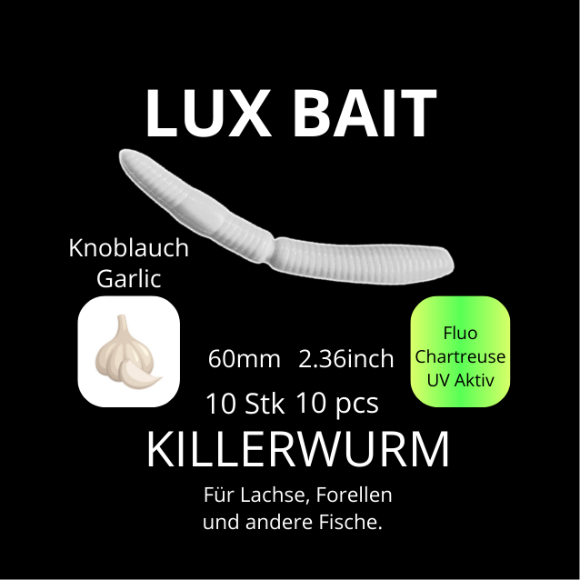 KILLERWURM von Lux Bait – aromatisierter, hocheffektiver Silikonköder für den Fang von Lachs und Forelle. Fluo UV Aktiv.