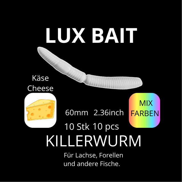 KILLERWURM von Lux Bait – aromatisierter, hocheffektiver Silikonköder für den Fang von Lachs und Forelle. Fluo UV Aktiv.