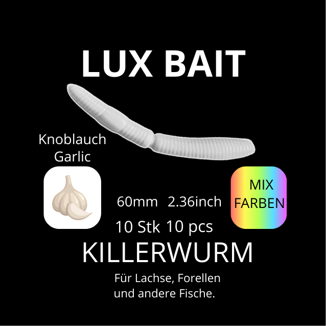 KILLERWURM von Lux Bait – aromatisierter, hocheffektiver Silikonköder für den Fang von Lachs und Forelle. Fluo UV Aktiv.