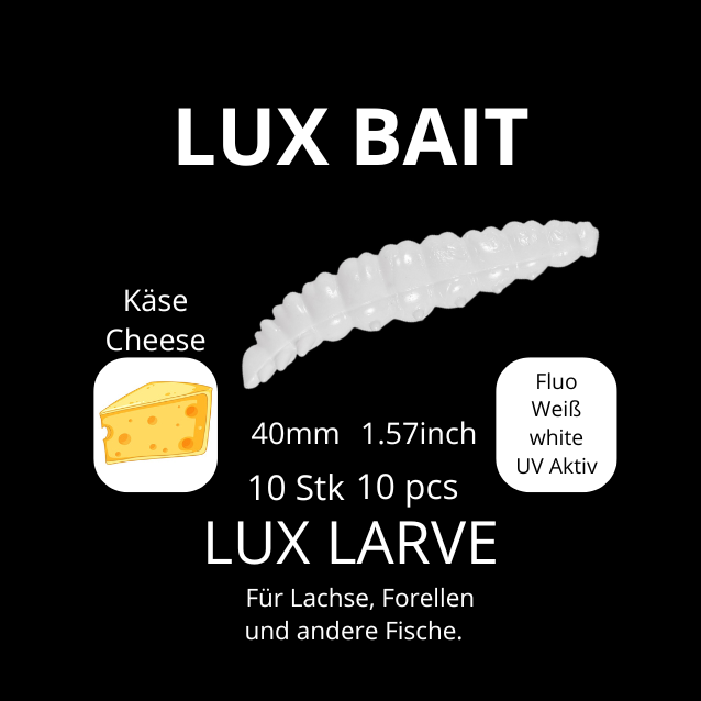 LUX LARVE von Lux Bait – aromatisierter, hocheffektiver Silikonköder für den Fang von Lachs und Forelle. Fluo UV Aktiv.