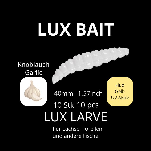 LUX LARVE von Lux Bait – aromatisierter, hocheffektiver Silikonköder für den Fang von Lachs und Forelle. Fluo UV Aktiv.