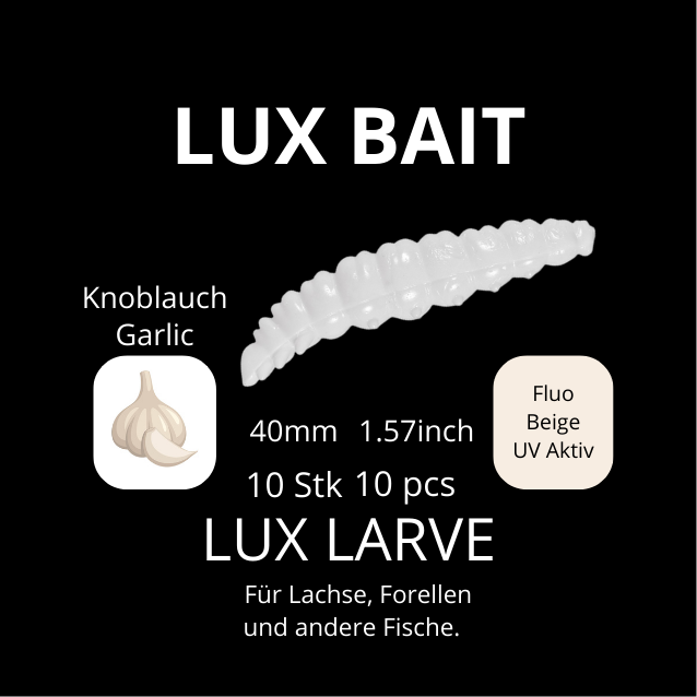 LUX LARVE von Lux Bait – aromatisierter, hocheffektiver Silikonköder für den Fang von Lachs und Forelle. Fluo UV Aktiv.