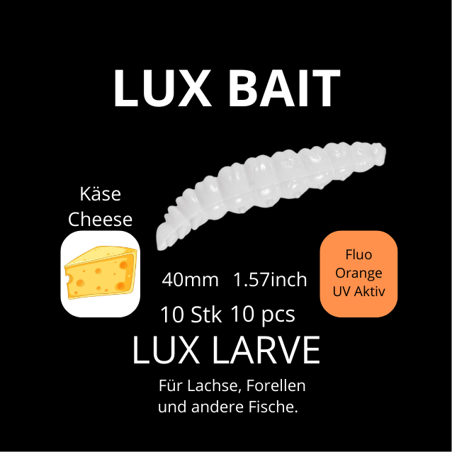 LUX LARVE von Lux Bait – aromatisierter, hocheffektiver Silikonköder für den Fang von Lachs und Forelle. Fluo UV Aktiv.