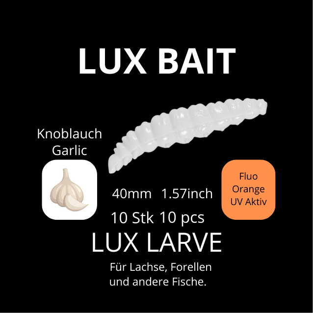 LUX LARVE von Lux Bait – aromatisierter, hocheffektiver Silikonköder für den Fang von Lachs und Forelle. Fluo UV Aktiv.