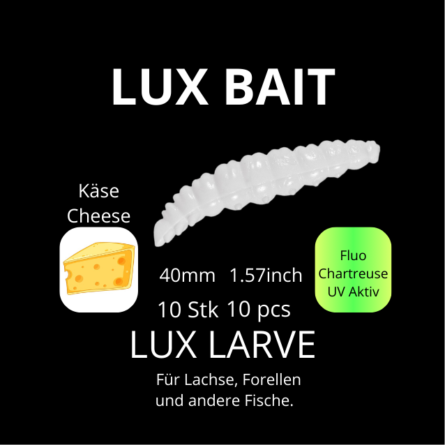 LUX LARVE von Lux Bait – aromatisierter, hocheffektiver Silikonköder für den Fang von Lachs und Forelle. Fluo UV Aktiv.