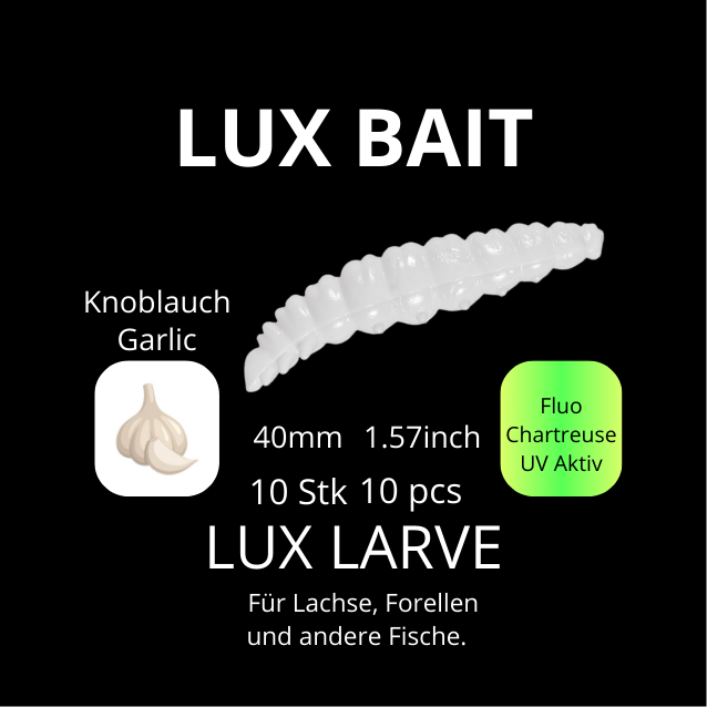 LUX LARVE von Lux Bait – aromatisierter, hocheffektiver Silikonköder für den Fang von Lachs und Forelle. Fluo UV Aktiv.