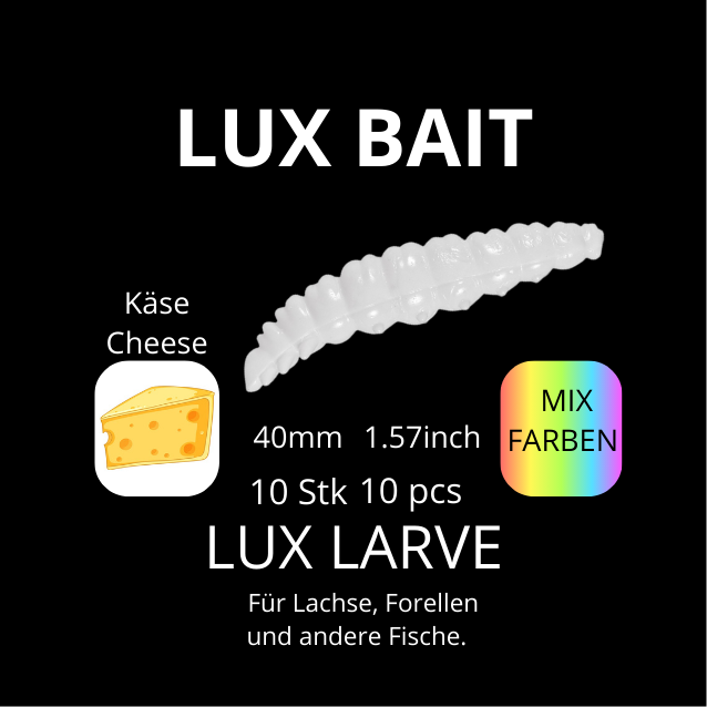 LUX LARVE von Lux Bait – aromatisierter, hocheffektiver Silikonköder für den Fang von Lachs und Forelle. Fluo UV Aktiv.