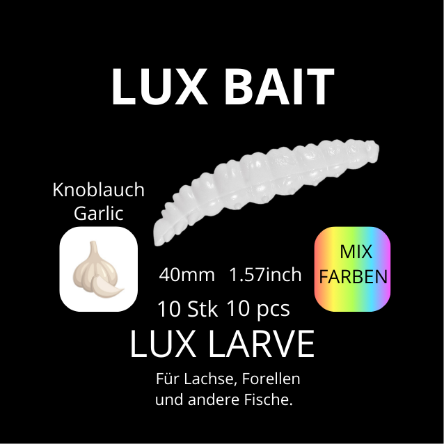 LUX LARVE von Lux Bait – aromatisierter, hocheffektiver Silikonköder für den Fang von Lachs und Forelle. Fluo UV Aktiv.