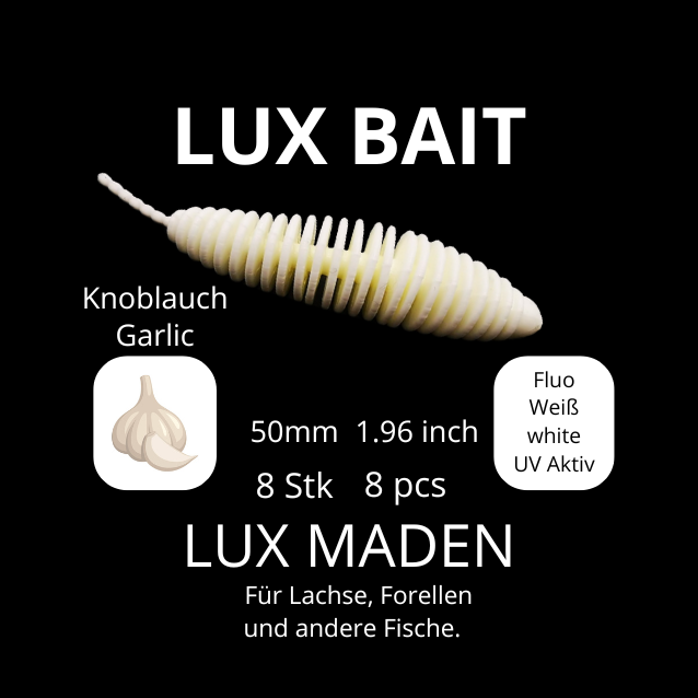 LUX MADEN von Lux Bait – aromatisierter, hocheffektiver Silikonköder für den Fang von Lachs und Forelle. Fluo UV Aktiv.