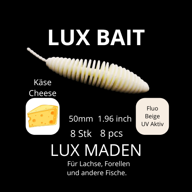 LUX MADEN von Lux Bait – aromatisierter, hocheffektiver Silikonköder für den Fang von Lachs und Forelle. Fluo UV Aktiv.