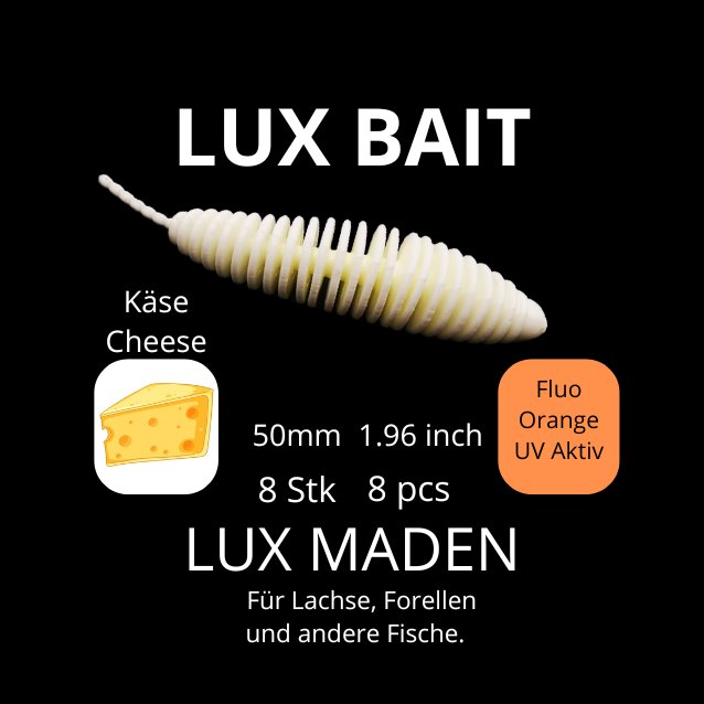 LUX MADEN von Lux Bait – aromatisierter, hocheffektiver Silikonköder für den Fang von Lachs und Forelle. Fluo UV Aktiv.