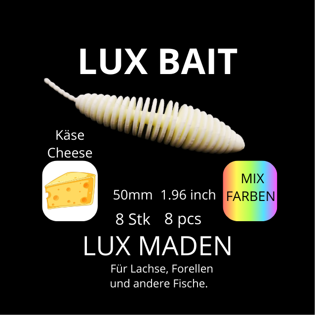 LUX MADEN von Lux Bait – aromatisierter, hocheffektiver Silikonköder für den Fang von Lachs und Forelle. Fluo UV Aktiv.