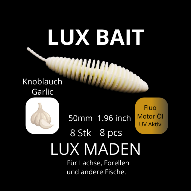 LUX MADEN von Lux Bait – aromatisierter, hocheffektiver Silikonköder für den Fang von Lachs und Forelle. Fluo UV Aktiv.