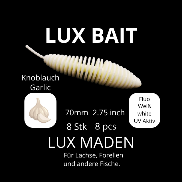LUX MADEN von Lux Bait – aromatisierter, hocheffektiver Silikonköder für den Fang von Lachs und Forelle. Fluo UV Aktiv.