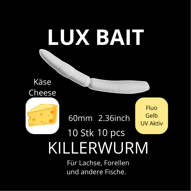 KILLERWURM von Lux Bait – aromatisierter, hocheffektiver Silikonköder für den Fang von Lachs und Forelle. Fluo UV Aktiv.