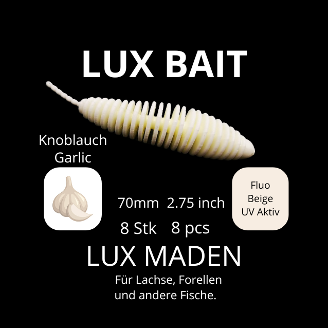 LUX MADEN von Lux Bait – aromatisierter, hocheffektiver Silikonköder für den Fang von Lachs und Forelle. Fluo UV Aktiv.