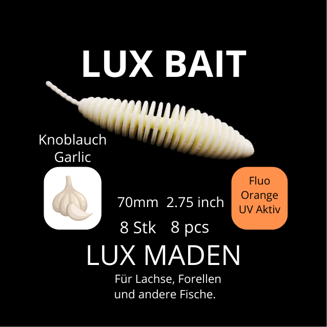 LUX MADEN von Lux Bait – aromatisierter, hocheffektiver Silikonköder für den Fang von Lachs und Forelle. Fluo UV Aktiv.