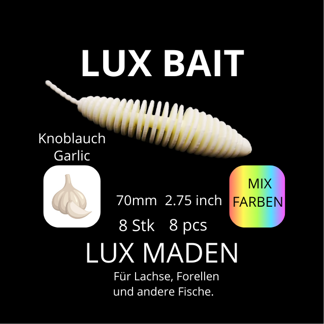 LUX MADEN von Lux Bait – aromatisierter, hocheffektiver Silikonköder für den Fang von Lachs und Forelle. Fluo UV Aktiv.