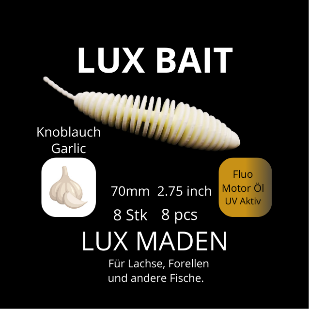 LUX MADEN von Lux Bait – aromatisierter, hocheffektiver Silikonköder für den Fang von Lachs und Forelle. Fluo UV Aktiv.