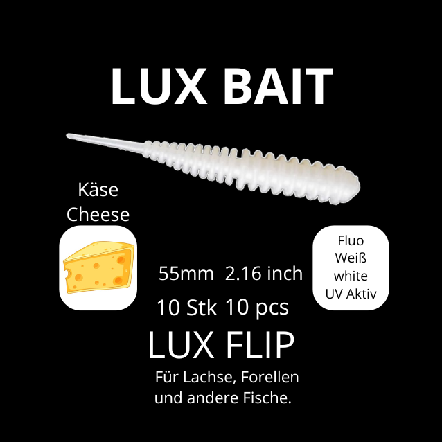 LUX FLIP von Lux Bait – aromatisierter, hocheffektiver Silikonköder für den Fang von Lachs und Forelle. Fluo UV Aktiv.