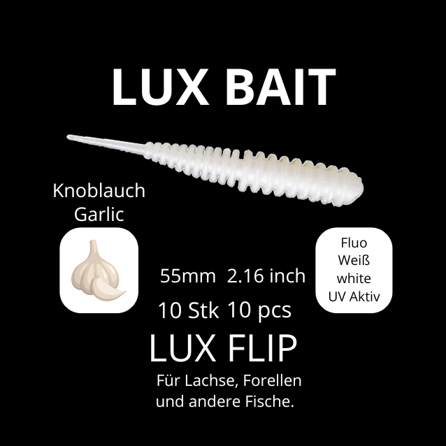 LUX FLIP von Lux Bait – aromatisierter, hocheffektiver Silikonköder für den Fang von Lachs und Forelle. Fluo UV Aktiv.
