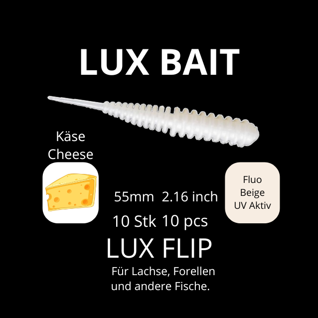 LUX FLIP von Lux Bait – aromatisierter, hocheffektiver Silikonköder für den Fang von Lachs und Forelle. Fluo UV Aktiv.