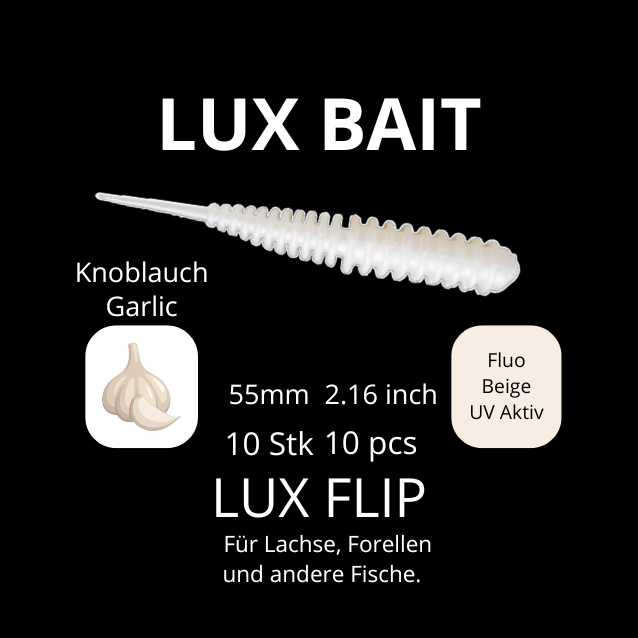 LUX FLIP von Lux Bait – aromatisierter, hocheffektiver Silikonköder für den Fang von Lachs und Forelle. Fluo UV Aktiv.
