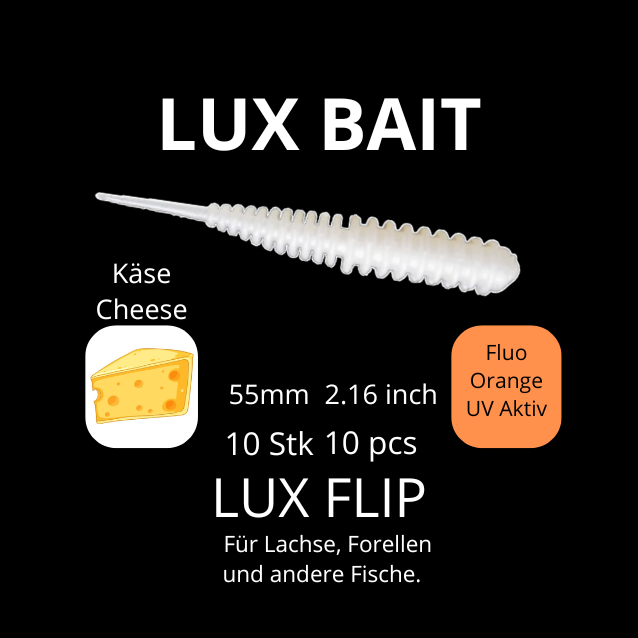 LUX FLIP von Lux Bait – aromatisierter, hocheffektiver Silikonköder für den Fang von Lachs und Forelle. Fluo UV Aktiv.