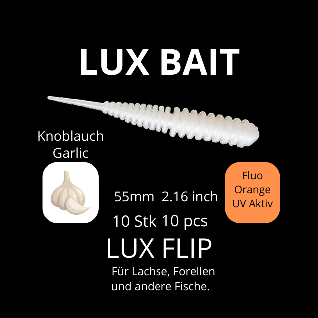 LUX FLIP von Lux Bait – aromatisierter, hocheffektiver Silikonköder für den Fang von Lachs und Forelle. Fluo UV Aktiv.