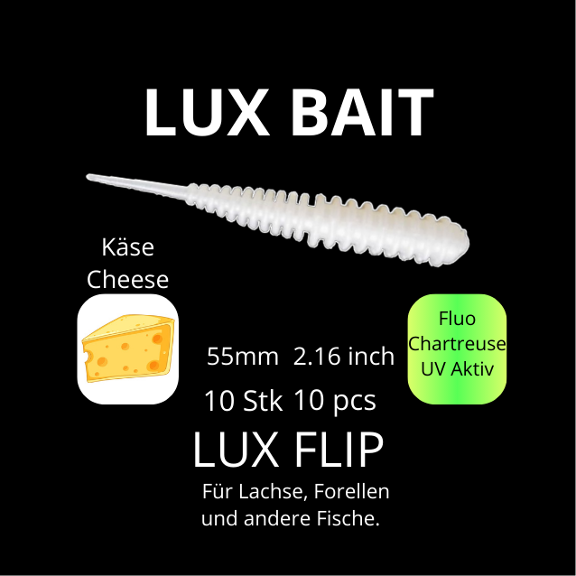 LUX FLIP von Lux Bait – aromatisierter, hocheffektiver Silikonköder für den Fang von Lachs und Forelle. Fluo UV Aktiv.
