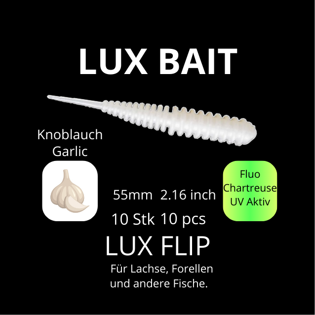 LUX FLIP von Lux Bait – aromatisierter, hocheffektiver Silikonköder für den Fang von Lachs und Forelle. Fluo UV Aktiv.