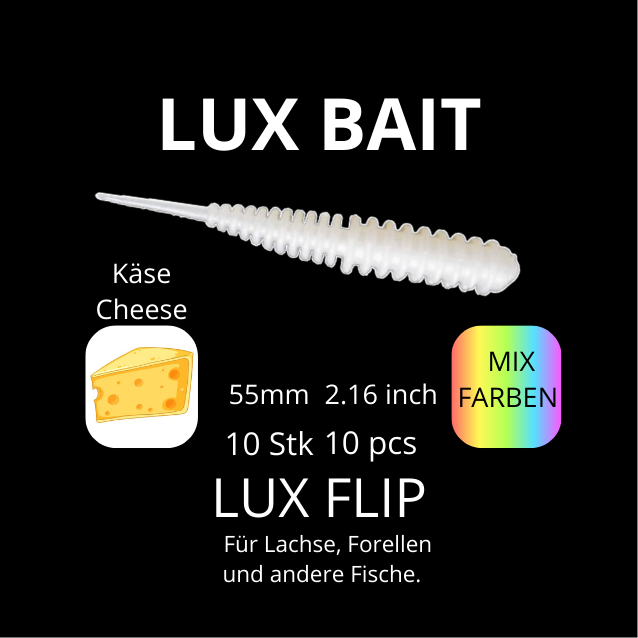 LUX FLIP von Lux Bait – aromatisierter, hocheffektiver Silikonköder für den Fang von Lachs und Forelle. Fluo UV Aktiv.