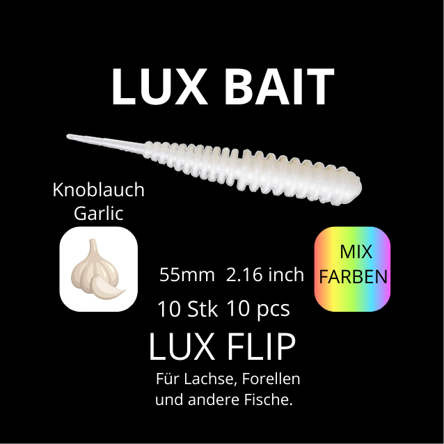 LUX FLIP von Lux Bait – aromatisierter, hocheffektiver Silikonköder für den Fang von Lachs und Forelle. Fluo UV Aktiv.