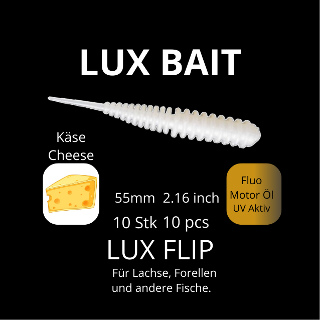 LUX FLIP von Lux Bait – aromatisierter, hocheffektiver Silikonköder für den Fang von Lachs und Forelle. Fluo UV Aktiv.