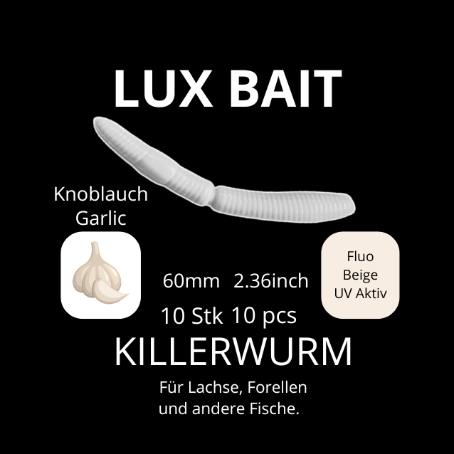 KILLERWURM von Lux Bait – aromatisierter, hocheffektiver Silikonköder für den Fang von Lachs und Forelle. Fluo UV Aktiv.
