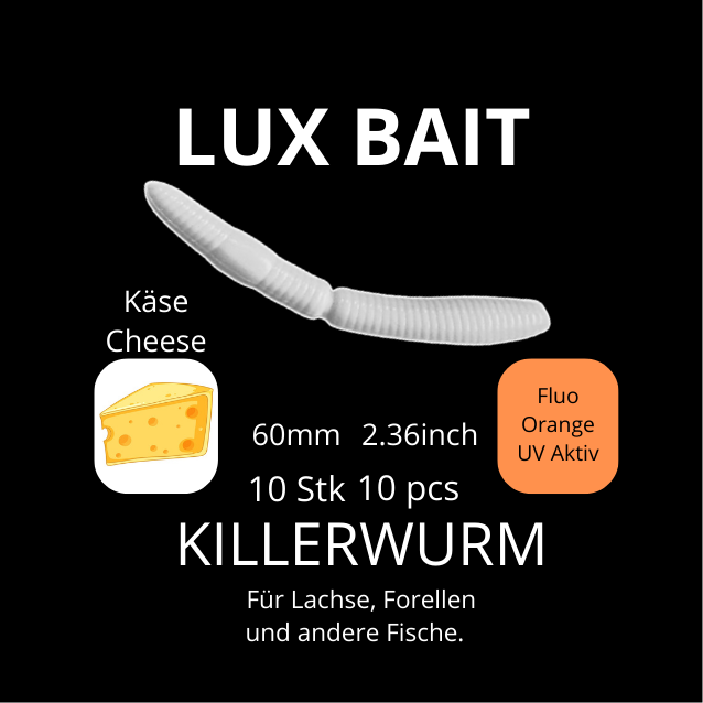 KILLERWURM von Lux Bait – aromatisierter, hocheffektiver Silikonköder für den Fang von Lachs und Forelle. Fluo UV Aktiv.