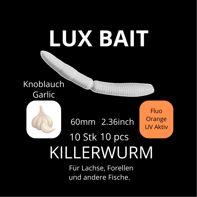 KILLERWURM von Lux Bait – aromatisierter, hocheffektiver Silikonköder für den Fang von Lachs und Forelle. Fluo UV Aktiv.