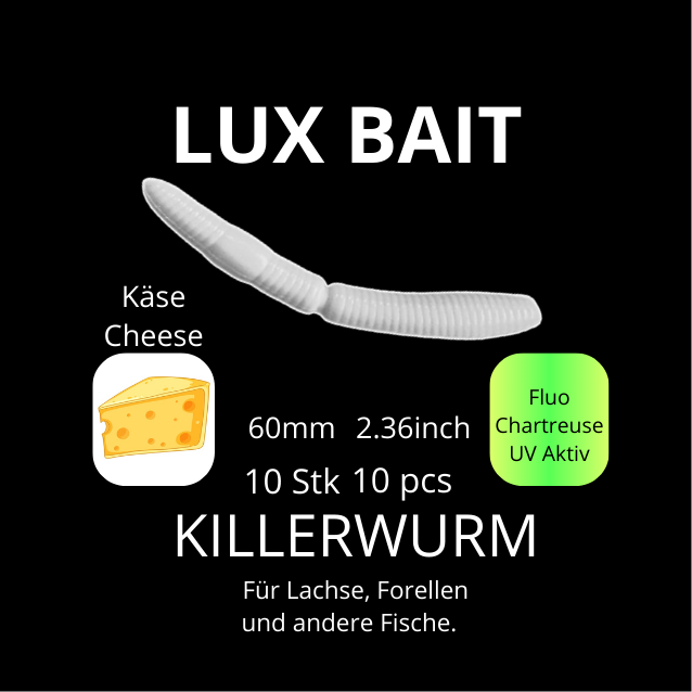 KILLERWURM von Lux Bait – aromatisierter, hocheffektiver Silikonköder für den Fang von Lachs und Forelle. Fluo UV Aktiv.