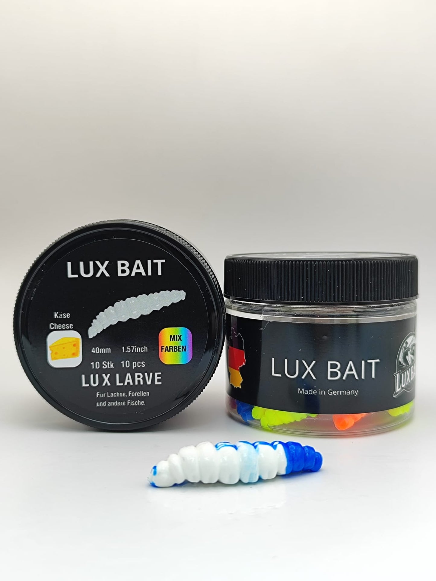 LUX LARVE von Lux Bait – aromatisierter, hocheffektiver Silikonköder für den Fang von Lachs und Forelle. Fluo UV Aktiv.