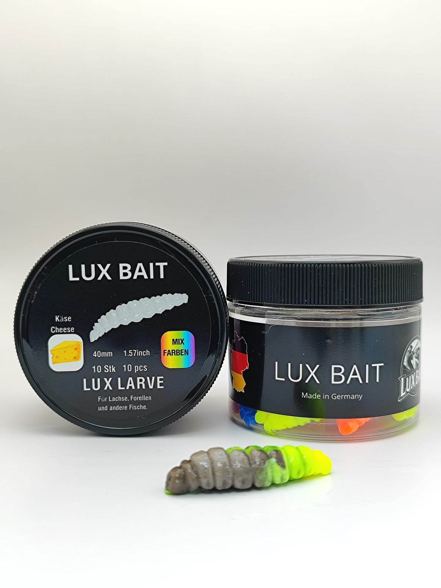 LUX LARVE von Lux Bait – aromatisierter, hocheffektiver Silikonköder für den Fang von Lachs und Forelle. Fluo UV Aktiv.