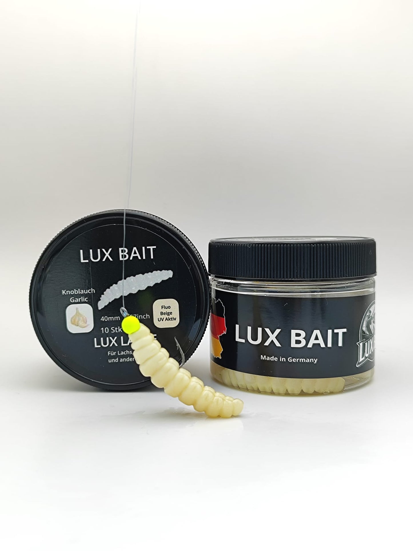 LUX LARVE von Lux Bait – aromatisierter, hocheffektiver Silikonköder für den Fang von Lachs und Forelle. Fluo UV Aktiv.