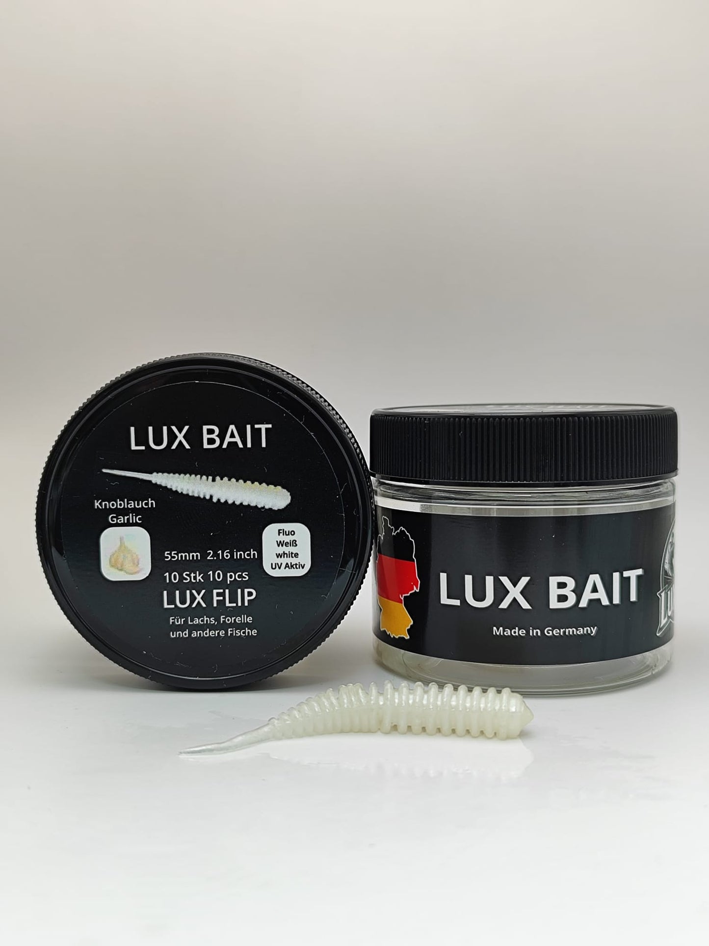 LUX FLIP von Lux Bait – aromatisierter, hocheffektiver Silikonköder für den Fang von Lachs und Forelle. Fluo UV Aktiv.
