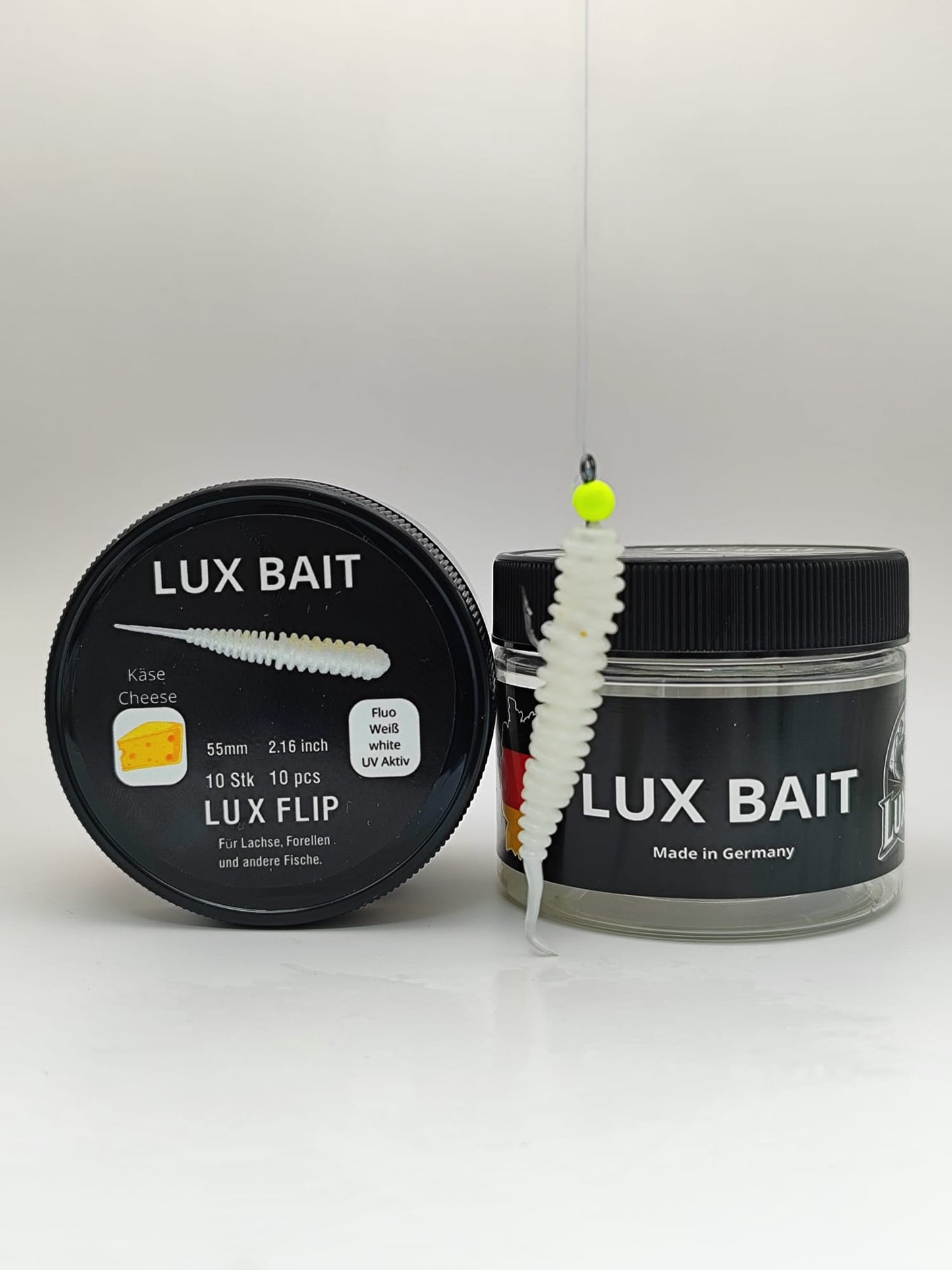 LUX FLIP von Lux Bait – aromatisierter, hocheffektiver Silikonköder für den Fang von Lachs und Forelle. Fluo UV Aktiv.