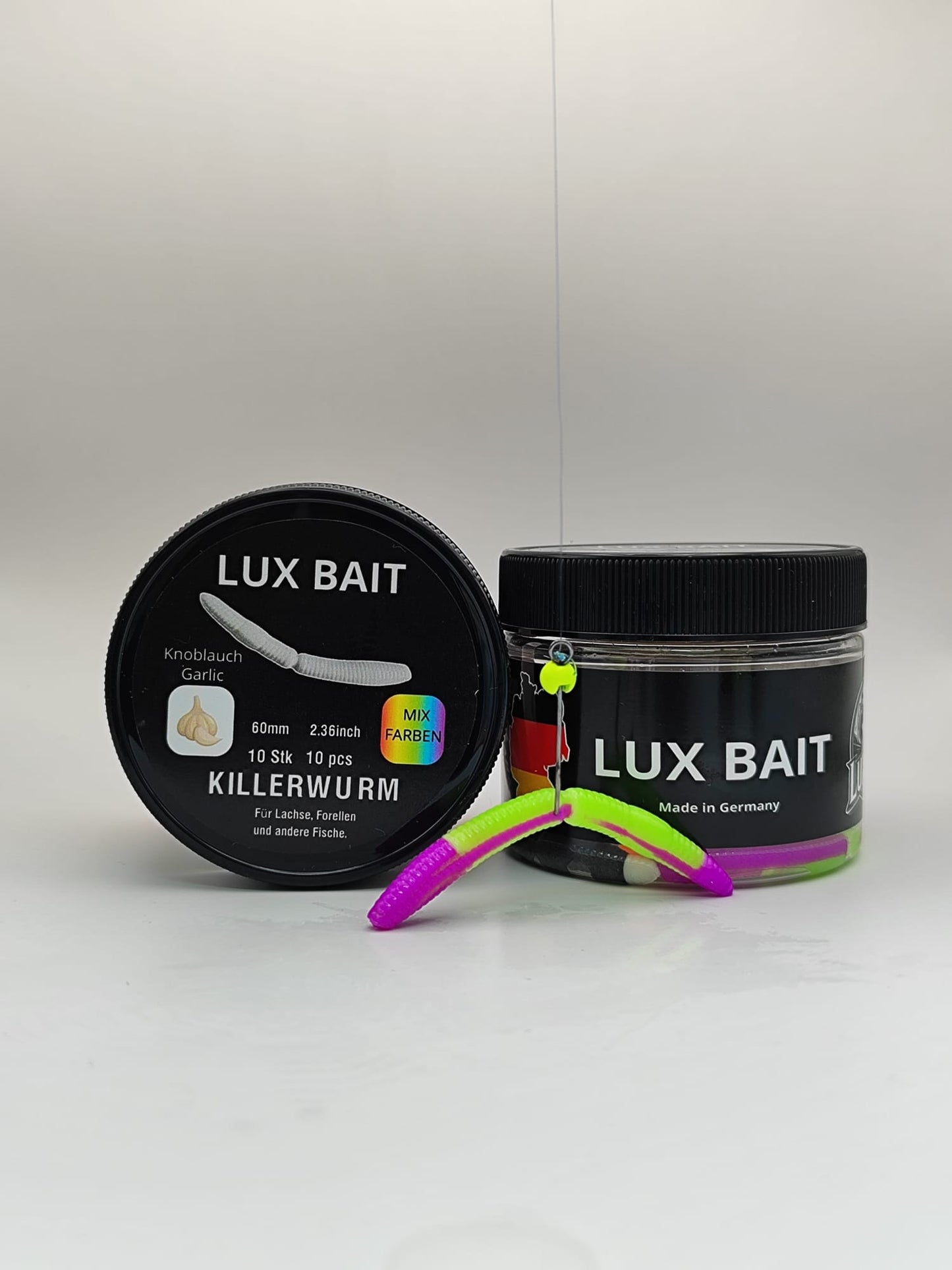 KILLERWURM von Lux Bait – aromatisierter, hocheffektiver Silikonköder für den Fang von Lachs und Forelle. Fluo UV Aktiv.