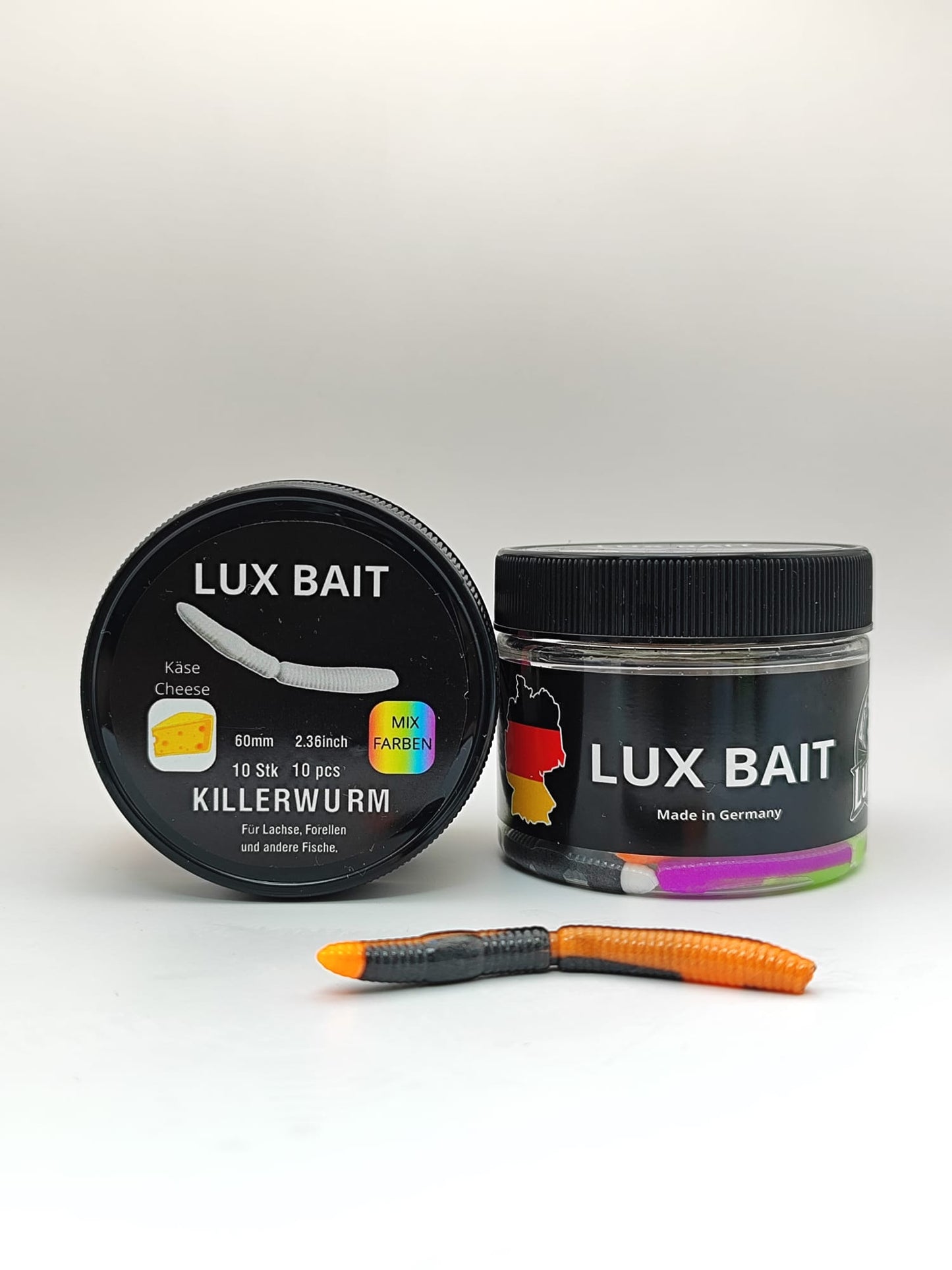 KILLERWURM von Lux Bait – aromatisierter, hocheffektiver Silikonköder für den Fang von Lachs und Forelle. Fluo UV Aktiv.