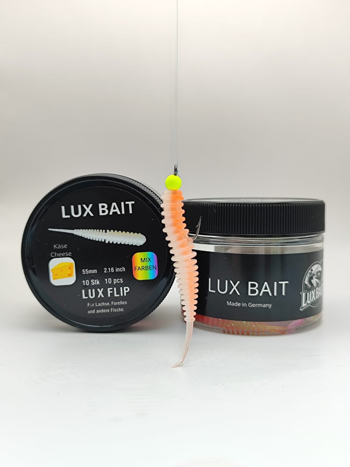 LUX FLIP von Lux Bait – aromatisierter, hocheffektiver Silikonköder für den Fang von Lachs und Forelle. Fluo UV Aktiv.