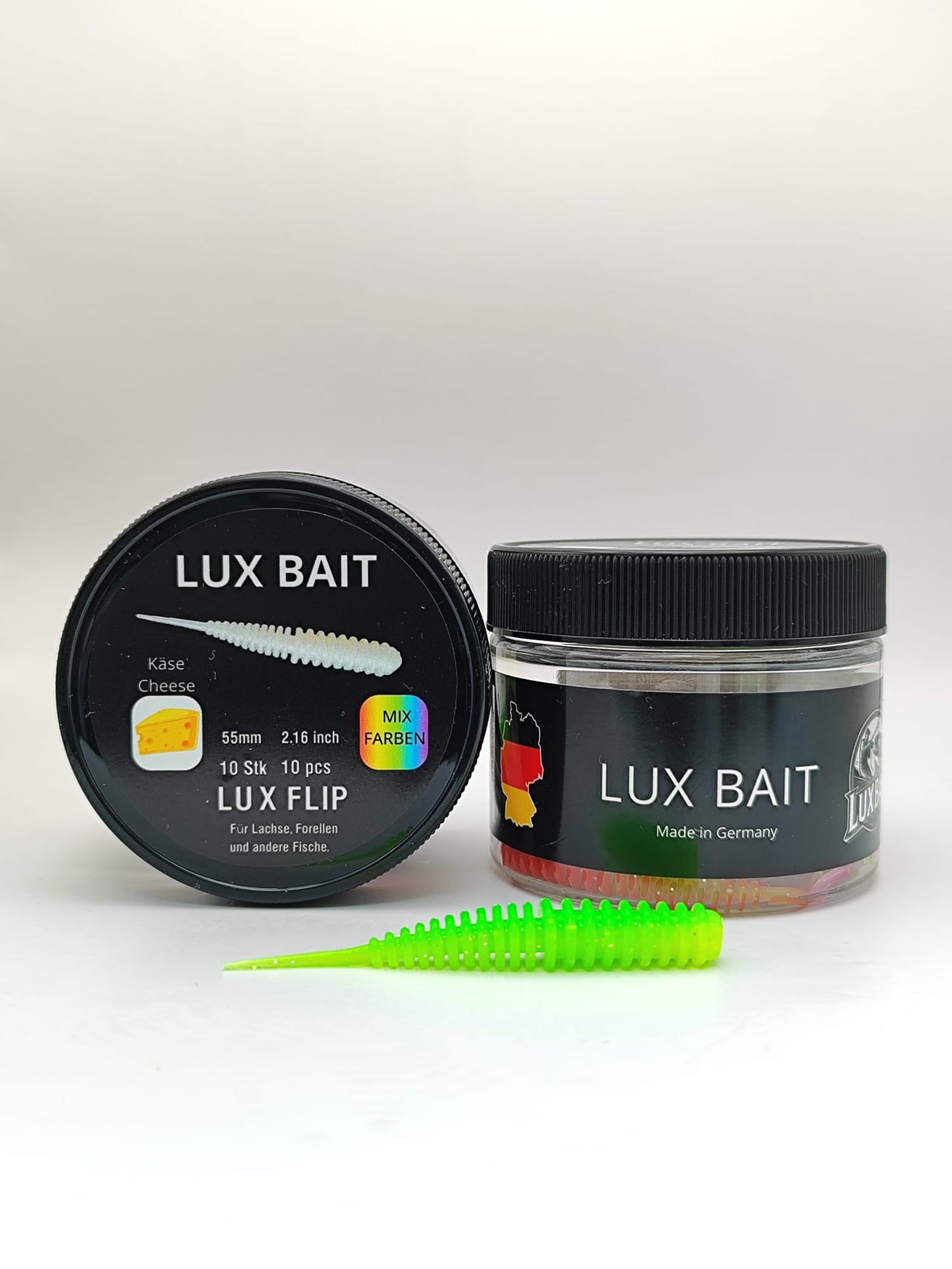 LUX FLIP von Lux Bait – aromatisierter, hocheffektiver Silikonköder für den Fang von Lachs und Forelle. Fluo UV Aktiv.
