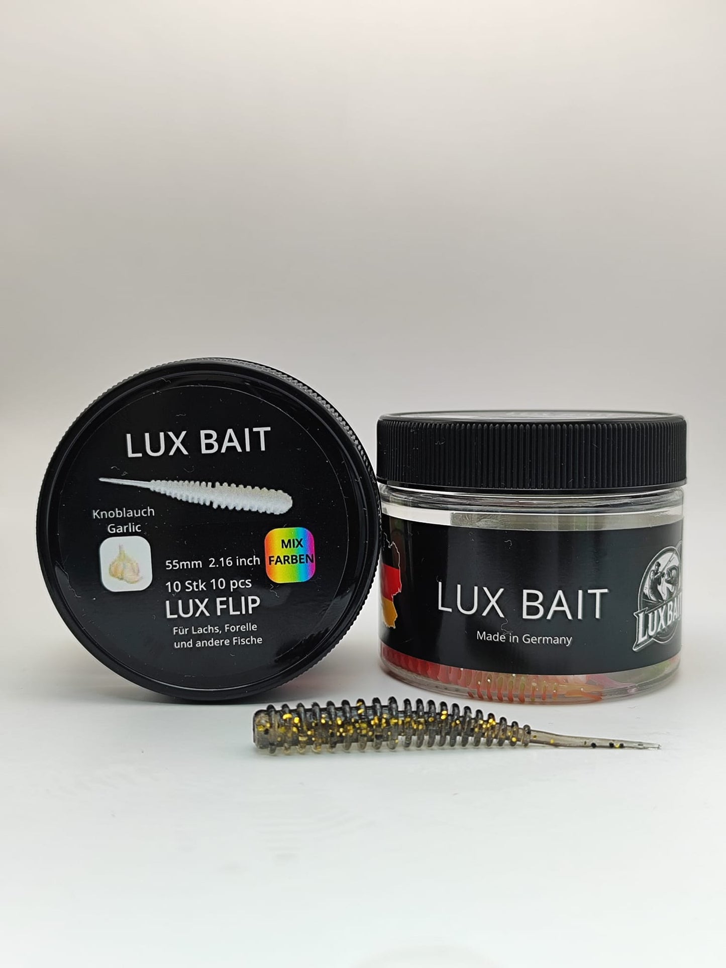 LUX FLIP von Lux Bait – aromatisierter, hocheffektiver Silikonköder für den Fang von Lachs und Forelle. Fluo UV Aktiv.