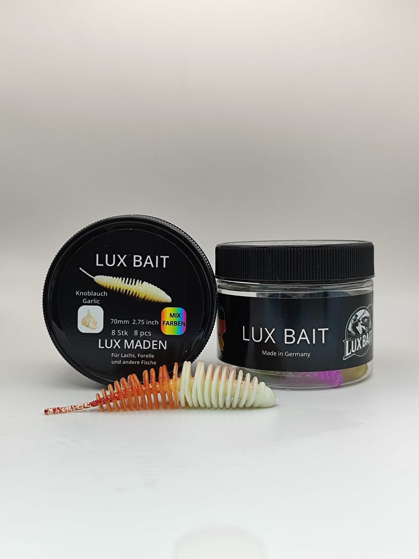LUX MADEN von Lux Bait – aromatisierter, hocheffektiver Silikonköder für den Fang von Lachs und Forelle. Fluo UV Aktiv.