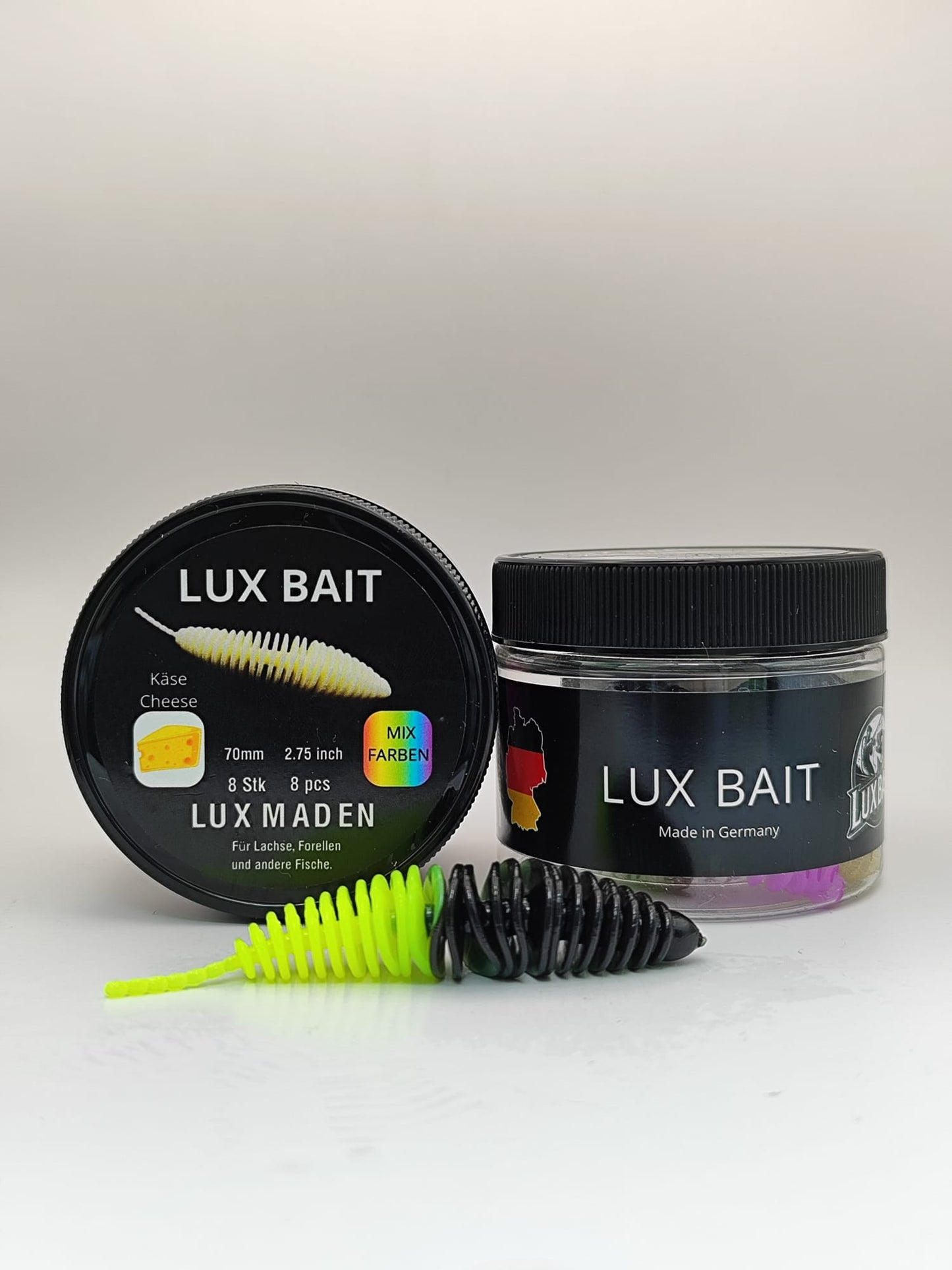 LUX MADEN von Lux Bait – aromatisierter, hocheffektiver Silikonköder für den Fang von Lachs und Forelle. Fluo UV Aktiv.